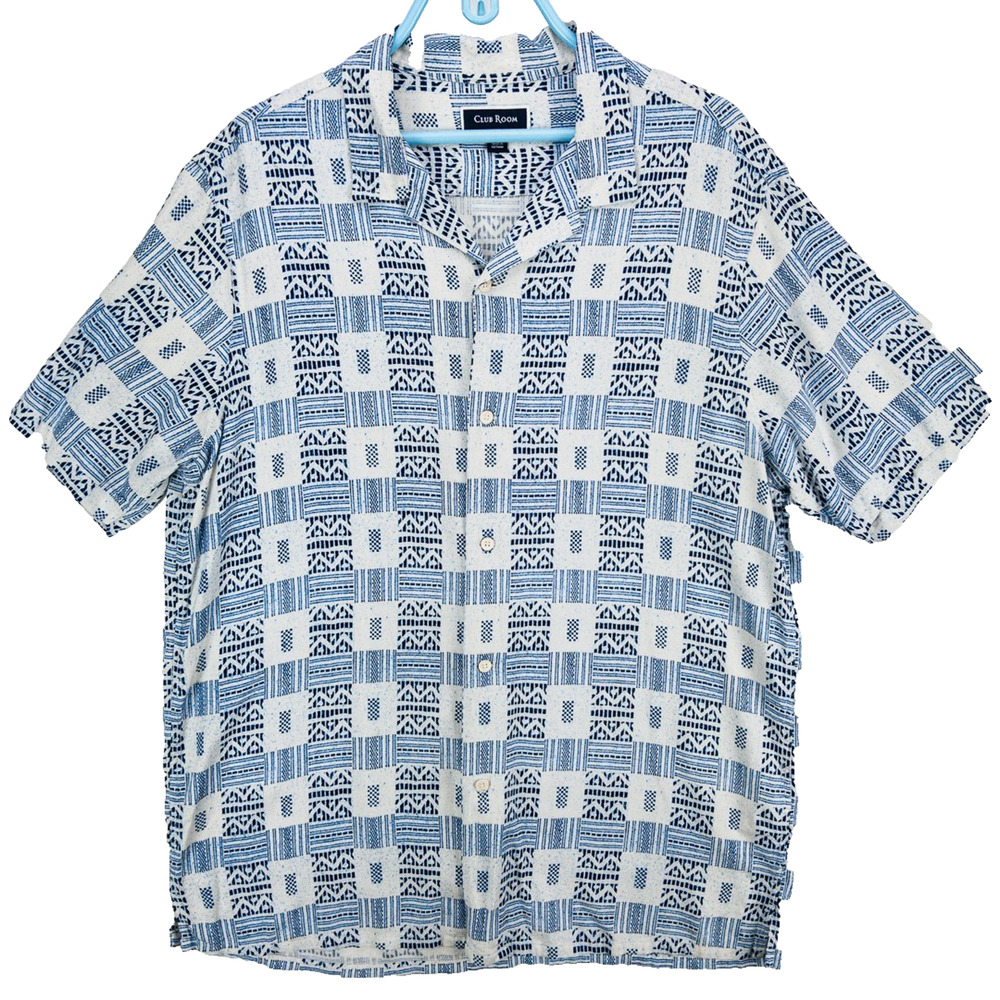 Silk Blend Resort Shirt Men’s Large Blue White Geometric Short Sleeve Club Room